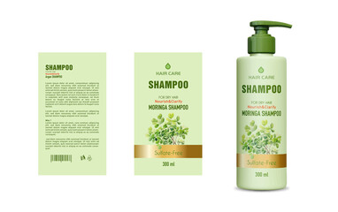 Moringa Shampoo Label Design, Shampoo bottle template design vector illustration, Vector label design, EPS Package, Watercolor Moringa Label design, mockup Shampoo Label Vector
