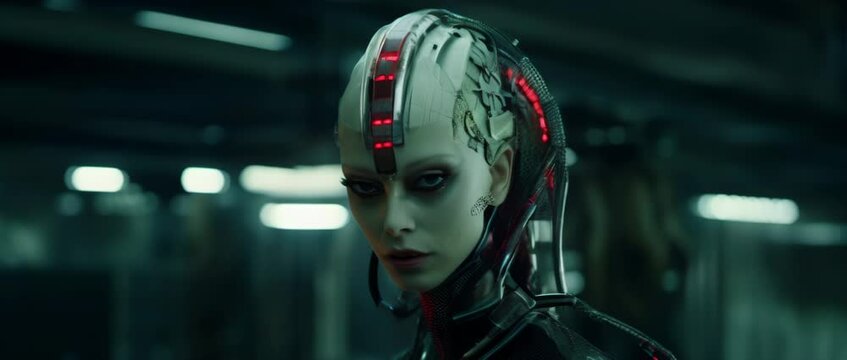 Portrait of cyborg girl in laboratory. Anamorphic 4k footage