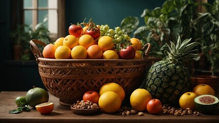 Fresh Fruits in a Wicker Tray, Fruit bowl, wicker basket, 
 Food Photography 16:9