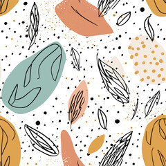 Seamless aesthetic pattern with hand drawn abstract leaves and dots. Creative scandinavian fabric, wrapping texture, textile, wallpaper, home apparel
