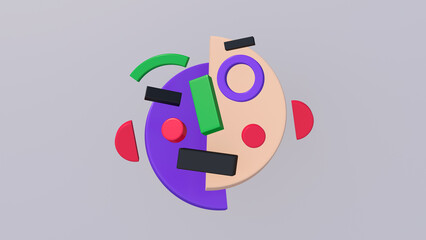 Bright colorful abstract face. Funny character. 3d illustration.