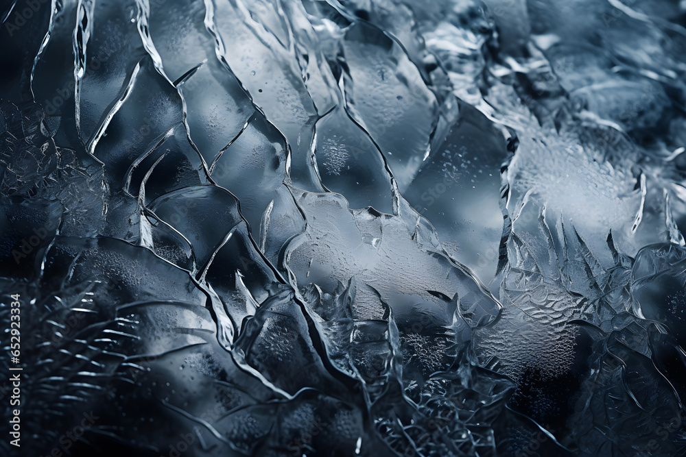 Wall mural dark textured background cracks on ice surface close up view.