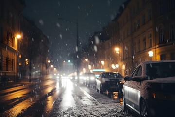 Snow covered city street with slippery road and cars moving and parking in snowstorm at nighttime