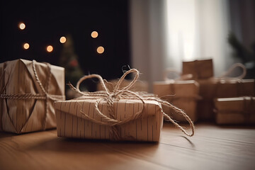 Gift box packing in brown craft paper is on floor in empty room indoor.