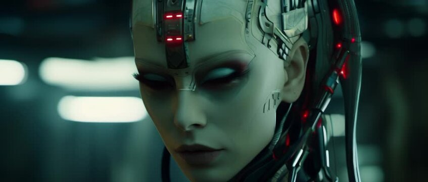 Close up of cyborg girl in laboratory looking at camera. Anamorphic 4k footage