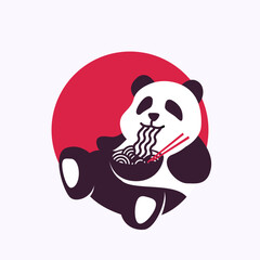 Cute Panda logo eating Noodle. Negative space logo design concept