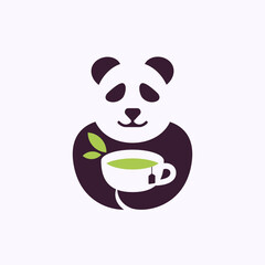 Panda logo holding cup of tea. Negative space minimal logo design concept