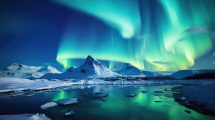 Naklejka premium Northern Lights Majestic Aurora Borealis Over Icebergs, Snow Mountains, and Lakes in Polar Regions. Generative AI