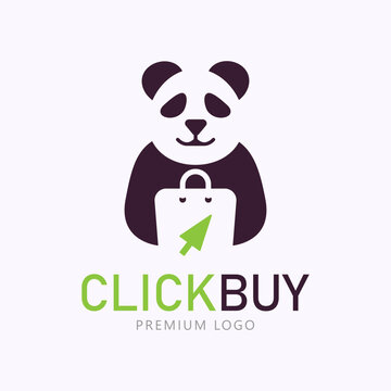 Panda logo with shopping bag and mouse cursor. Minimal marketplace logo design concept