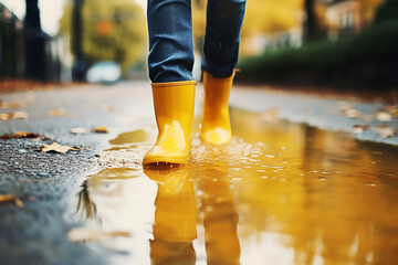 Yellow rain boots on rainy wet ground in autumn - obrazy, fototapety, plakaty