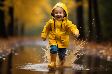 Child running and stamping in rain puddle