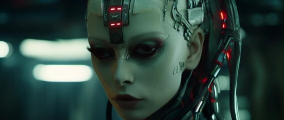 Close up of cyborg girl in laboratory looking at camera. Anamorphic 4k footage