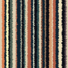 Seamless repeating pattern. Geometric striped ornament with jagged edged vertical multicolored stripes. Hand drawn ethnic style texture. Vector illustration for fabric, textile, cloth, and print.