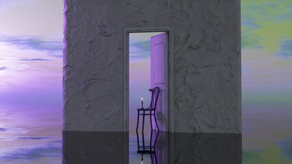 Wall and an open door to imaginary world. Purple sunset. A candle burns on a chair in the doorway. Dream.