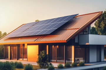A modern house with solar panels on the roof - obrazy, fototapety, plakaty