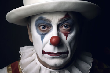 Portrait of Sad Old Clown with White and Blue Makeup