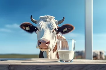 Fotobehang A cow standing next to a glass of milk © Nedrofly