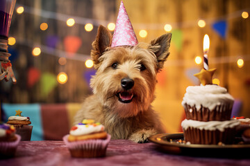 A cute small dog sitting at a table surrounded by colorful cupcakes