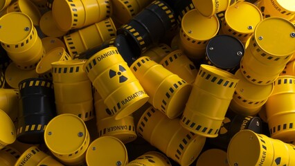 Dump of yellow and black barrels with nuclear radioactive waste. Danger of radiation contamination...