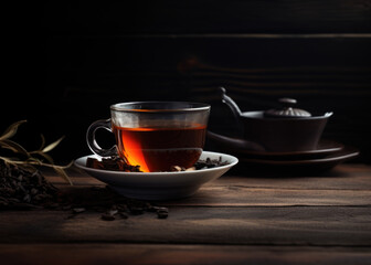 Fresh hot black tea in a cup on a dark rustic background