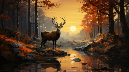Beautiful deer in the forest with river