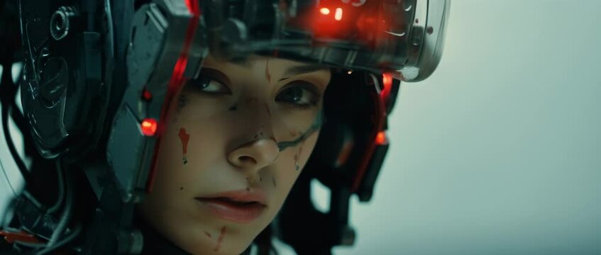 Close up of sci-fi female military with blood on face. Anamorphic 4k footage