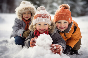 The children build a snowman in the backyard of the house.