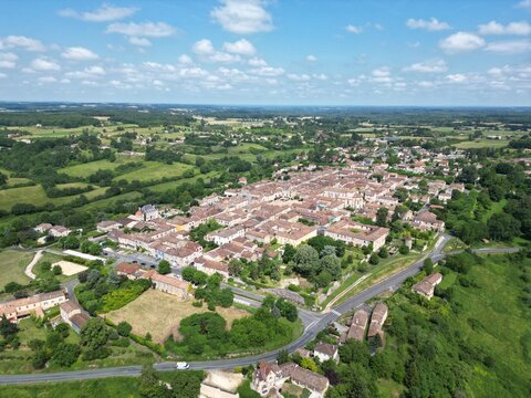 Monpazier  town France  establishing aerial shot.