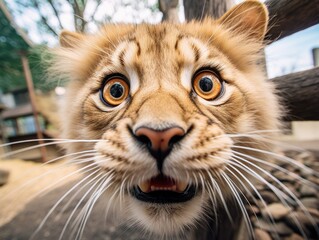 Close-up of a funny lion cub looking at the camera. The animal in its natural environment. Funny leo. Natural background. Illustration for cover, postcard, interior design, banner, brochure, etc.