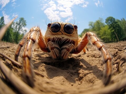 Close-up of a spider's head with large eyes and legs looking into the camera. Insect in the natural environment. Nature background. Illustration with distorted fisheye effect for cover, card, etc.