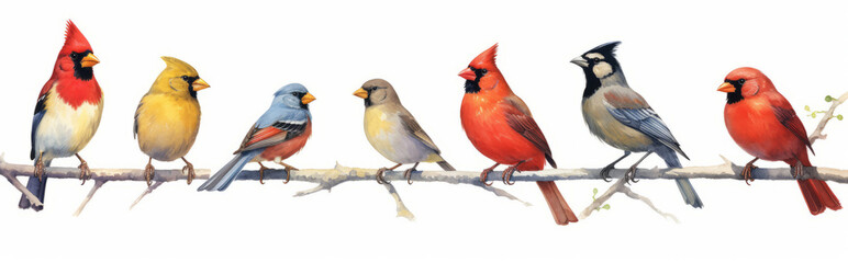 Fototapeta premium Bird set watercolor illustration. Red cardinal, eastern bluebird, goldfinch, robin, wren