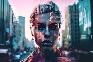 face of a person in a red jacket on a busy city street. Double exposure of a cityscape and woman, depression mood concept. - obrazy, fototapety, plakaty