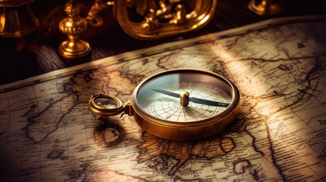 Old vintage retro compass on ancient map.The map used for background is in Public domain. Map source