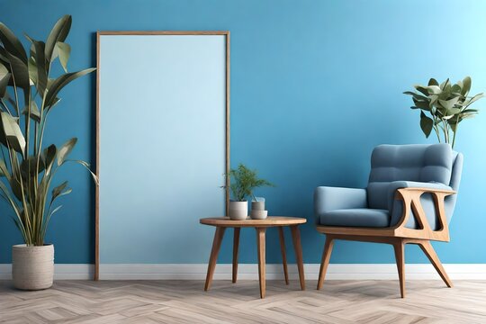 Home decor concept,armchair with wood table on Blue paint color wall and Hardwood Flooring at the home,interior design.v