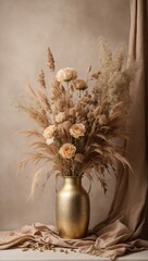 still life with dry flowers and vase. Flower shop, solid pastel background mockup
