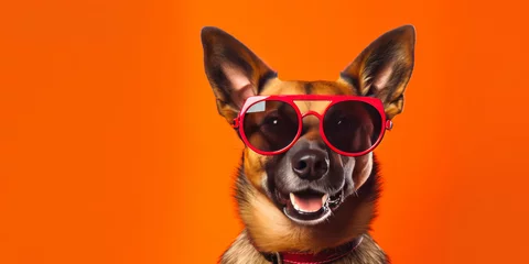 Fotobehang Dog wearing cool glasses on colored background. © JKLoma