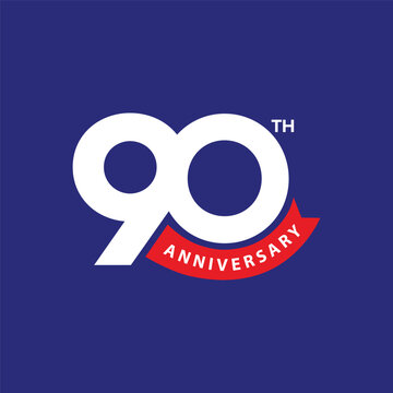 90 years anniversary template design with red ribbon on blue background. 90th anniversary celebration event, invitation card, greeting card, banner, poster, flyer, birthday wishing Vector Template
