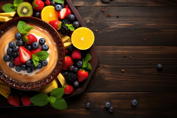 Fruit pudding, jelly dessert on plate with fresh fruit. Dark background, top view, copy space
