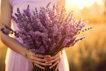 Generative AI International Women's Day. Young woman in a dress holds a lush bouquet of lavender standing in a field at sunset. Close-up front view. Happy Mother's Day. - obrazy, fototapety, plakaty