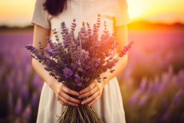 Generative AI International Women's Day. Young woman in a dress holds a lush bouquet of lavender...