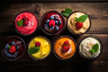 Fototapeta na wymiar Fruit puddings with fresh fruits in glasses on a dark wooden background, top view