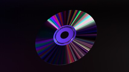 Abstract concept. The CD DVD spins on a black background. Rainbow. Blue neon color. 3d illustration
