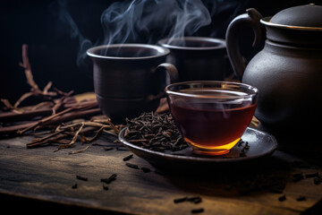 Obraz na płótnie Canvas Fresh hot black tea in a cup on a dark rustic background