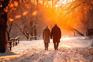 Elderly couple walking on a snowy winter day in a park - Powered by Adobe