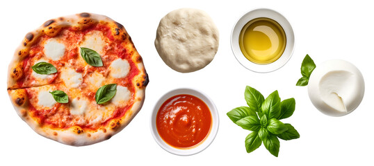 Margarita Pizza with ingredients, Tomato paste sauce, Mozzarella cheese, Fresh basil leaves, dough, Olive oil on transparent background cutout, PNG file. Mockup template for artwork design