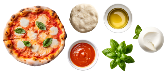 Margarita Pizza with ingredients, Tomato paste sauce, Mozzarella cheese, Fresh basil leaves, dough, Olive oil on transparent background cutout, PNG file. Mockup template for artwork design