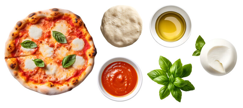 Margarita Pizza with ingredients, Tomato paste sauce, Mozzarella cheese, Fresh basil leaves, dough, Olive oil on transparent background cutout, PNG file. Mockup template for artwork design