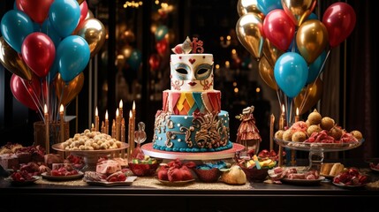 Craft an elegant Venetian carnival masquerade birthday scene with balloons resembling Venetian masks and carnival scenes, a cake adorned with carnival motifs, and candles that evoke the spirit of a Ve