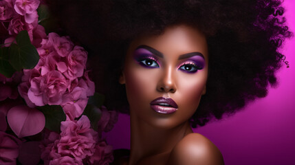 Behold the striking beauty of an African American lady in this portrait, accentuating her afro hairstyle and captivating makeup..