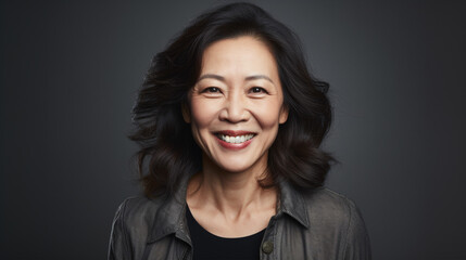 Fototapeta premium Within the confines of a studio, a beautiful Asian woman's smile lights up the frame..